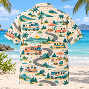 Back view of Confetti RV and Travel Trailer Hawaiian Shirt with matching rv and travel trailer artwork in cream, coral, teal, butter yellow
