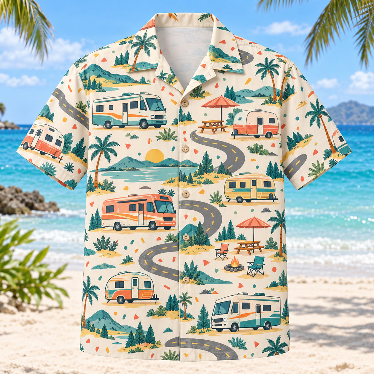 Front view of Confetti RV and Travel Trailer Hawaiian Shirt with playfully scattered imaginary RVs and travel trailers, open roads, hills and picnic furniture and small abstract confetti