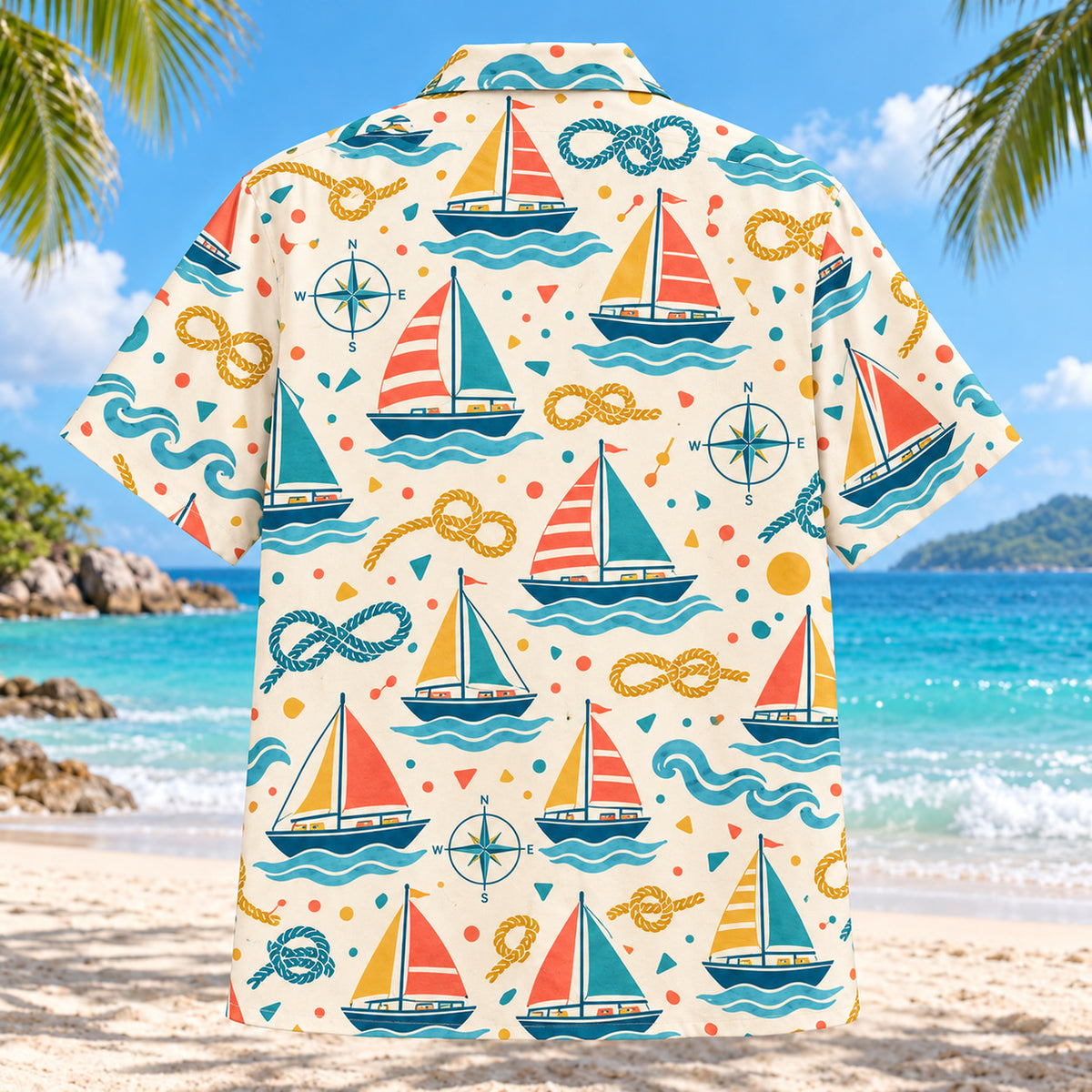Back view of Confetti Sailing Hawaiian Shirt with matching sailing artwork in cream, coral, teal, butter yellow