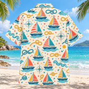 Back view of Confetti Sailing Hawaiian Shirt with matching sailing artwork in cream, coral, teal, butter yellow