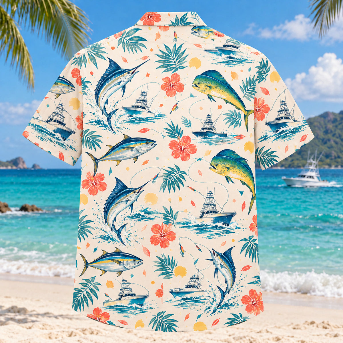 Back view of Confetti Saltwater Fishing Hawaiian Shirt with matching saltwater fishing artwork in cream, coral, teal, butter yellow