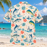 Back view of Confetti Saltwater Fishing Hawaiian Shirt with matching saltwater fishing artwork in cream, coral, teal, butter yellow