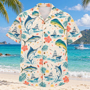 Front view of Confetti Saltwater Fishing Hawaiian Shirt with playfully scattered original marlin, tuna and mahi-mahi silhouettes, fishing lines and imaginary offshore boats and small abstract confetti