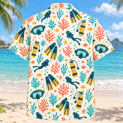 Back view of Confetti Scuba Diving Hawaiian Shirt with matching scuba diving artwork in cream, coral, teal, butter yellow