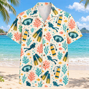Front view of Confetti Scuba Diving Hawaiian Shirt with playfully scattered generic masks, fins, air tanks, small diver silhouettes and original coral forms and small abstract confetti