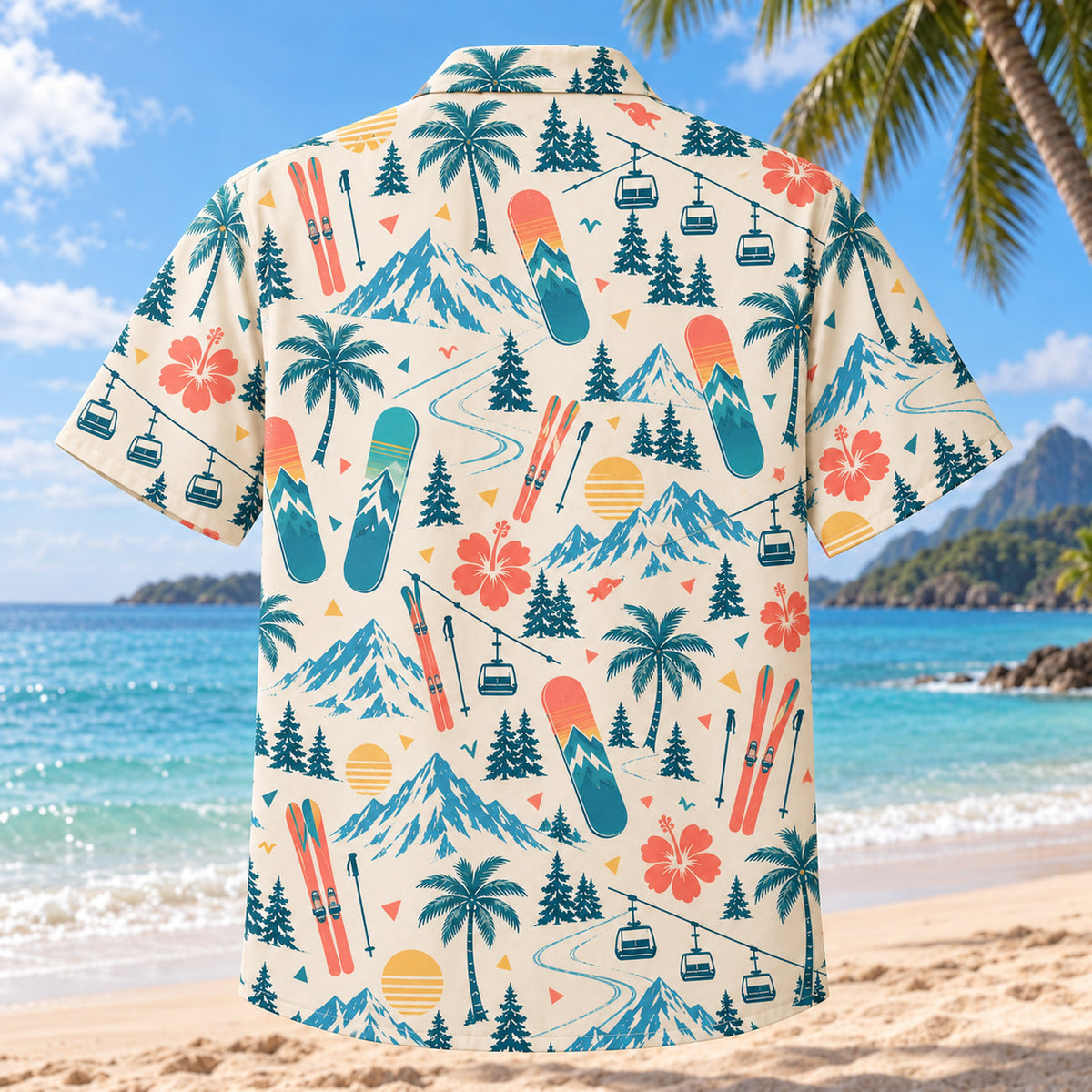 Back view of Confetti Ski and Snowboard Hawaiian Shirt with matching ski and snowboard artwork in cream, coral, teal, butter yellow