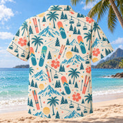 Back view of Confetti Ski and Snowboard Hawaiian Shirt with matching ski and snowboard artwork in cream, coral, teal, butter yellow
