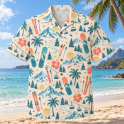 Front view of Confetti Ski and Snowboard Hawaiian Shirt with playfully scattered plain skis, unbranded snowboards, chairlifts and snow peaks and small abstract confetti