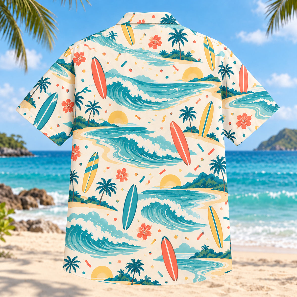 Back view of Confetti Surfing Hawaiian Shirt with matching surfing artwork in cream, coral, teal, butter yellow