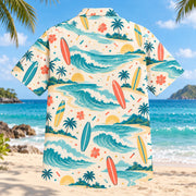 Back view of Confetti Surfing Hawaiian Shirt with matching surfing artwork in cream, coral, teal, butter yellow