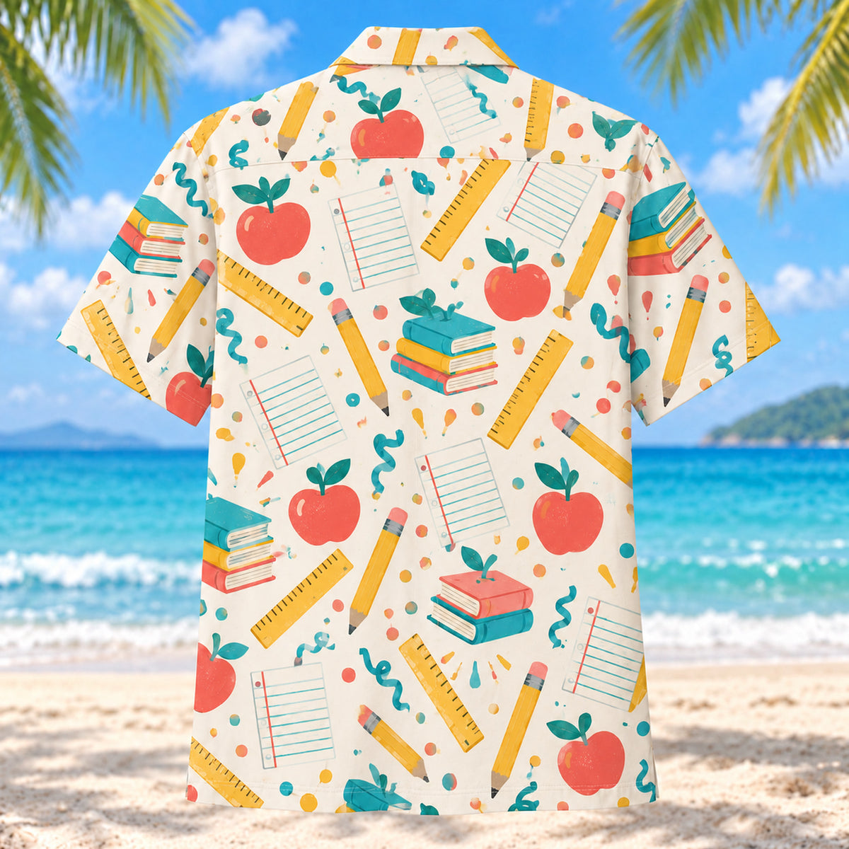 Back view of Confetti Teacher Hawaiian Shirt with matching teacher artwork in cream, coral, teal, butter yellow