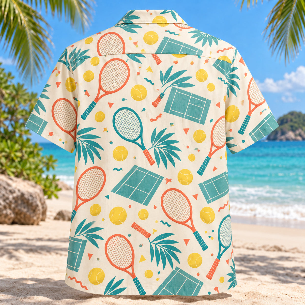 Back view of Confetti Tennis Hawaiian Shirt with matching tennis artwork in cream, coral, teal, butter yellow