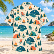 Back view of Confetti Tent Camping Hawaiian Shirt with matching tent camping artwork in cream, coral, teal, butter yellow