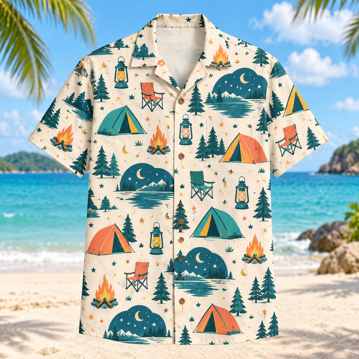 Front view of Confetti Tent Camping Hawaiian Shirt with playfully scattered generic tents, camp lanterns, campfires, chairs and woodland night skies and small abstract confetti