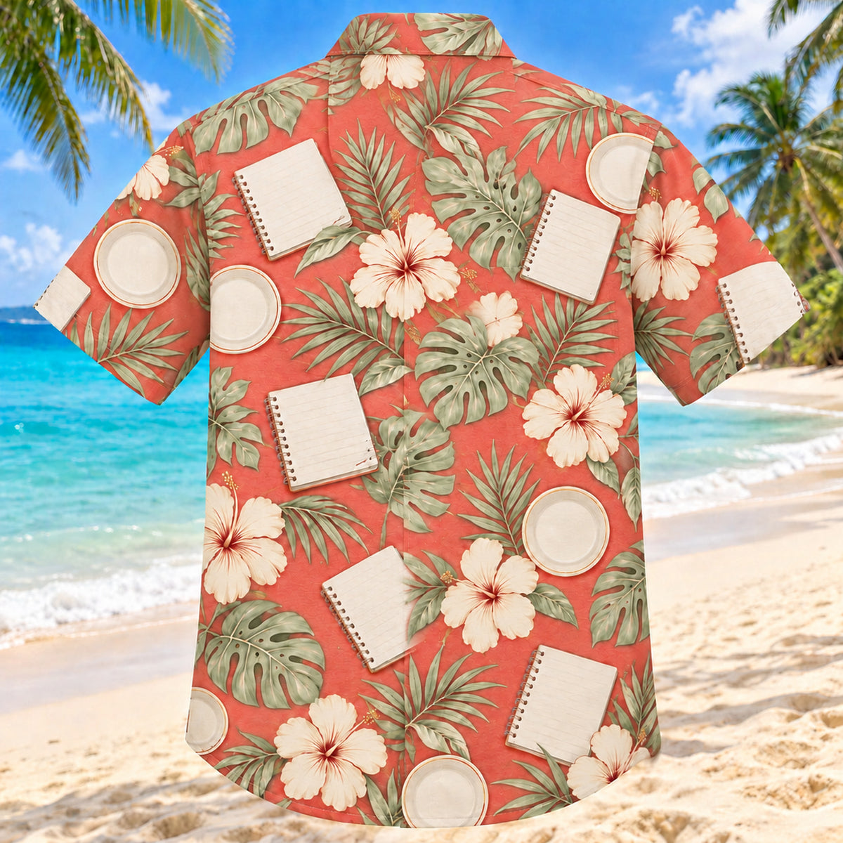 Back view of Consultation Coast Coral Sage Registered Dietitian Hawaiian Shirt with matching artwork in soft coral, sage, cream