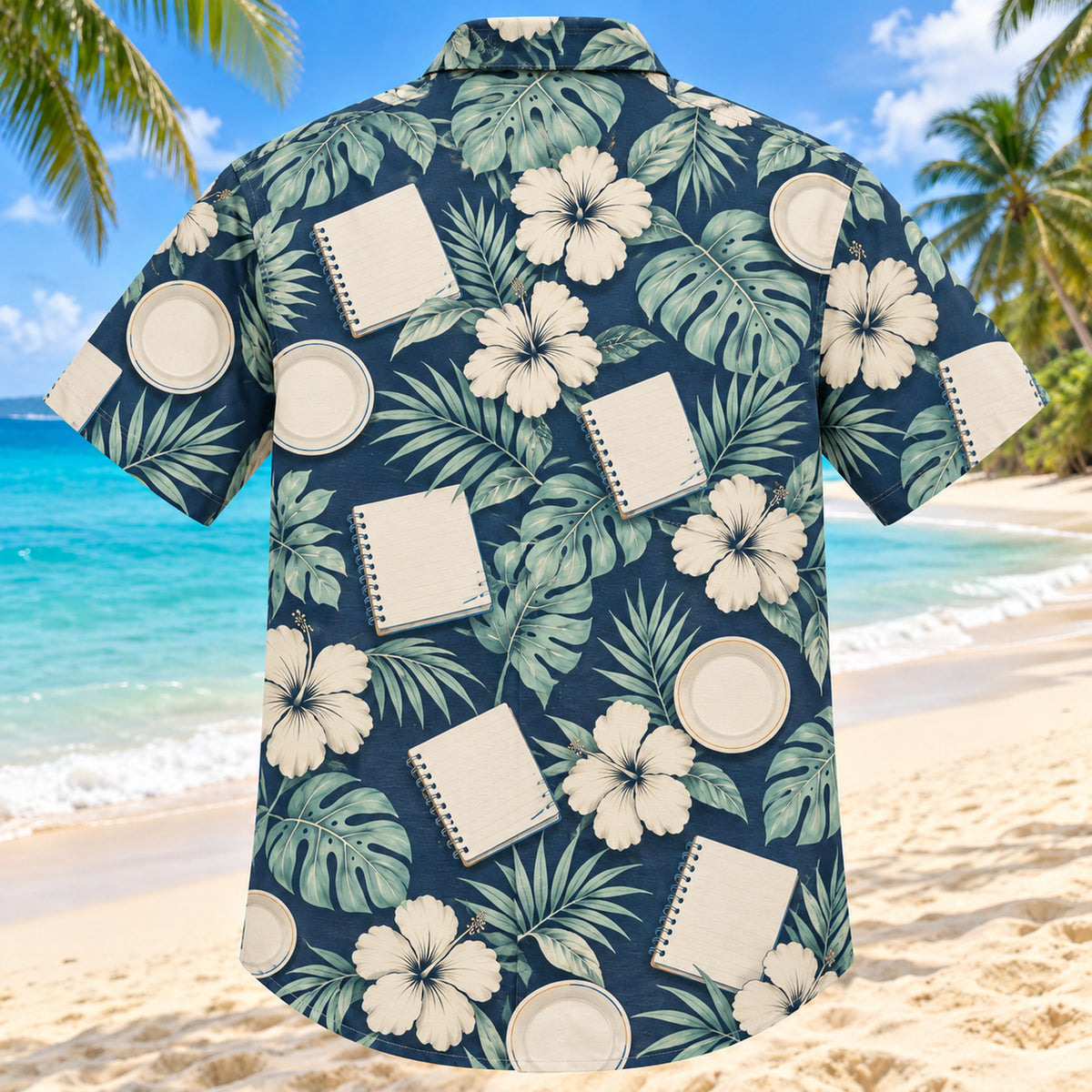 Back view of Consultation Coast Navy Cream Registered Dietitian Hawaiian Shirt with matching artwork in navy, warm ivory, pale seafoam