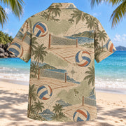 Back view of Contour Map Beach Volleyball Hawaiian Shirt with matching beach volleyball artwork in olive, parchment, muted blue, rust