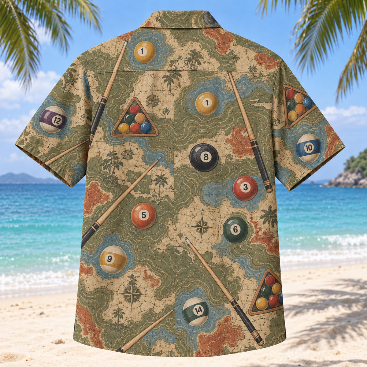 Back view of Contour Map Billiards Hawaiian Shirt with matching billiards artwork in olive, parchment, muted blue, rust