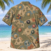 Back view of Contour Map Billiards Hawaiian Shirt with matching billiards artwork in olive, parchment, muted blue, rust