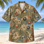 Front view of Contour Map Billiards Hawaiian Shirt with subtle map-style contour lines and numbered pool balls, plain cue sticks and simple racking triangles