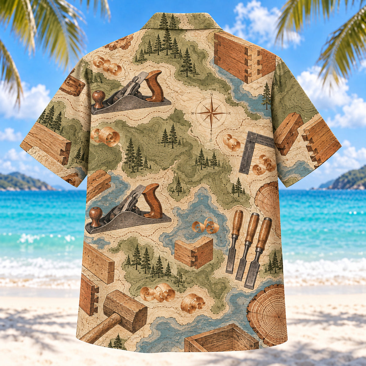 Back view of Contour Map Carpenter Hawaiian Shirt with matching carpenter artwork in olive, parchment, muted blue, rust