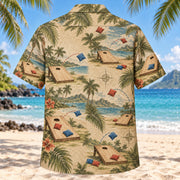 Back view of Contour Map Cornhole Hawaiian Shirt with matching cornhole artwork in olive, parchment, muted blue, rust