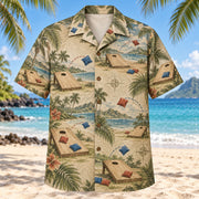 Front view of Contour Map Cornhole Hawaiian Shirt with subtle map-style contour lines and plain wooden cornhole boards with circular holes, colorful fabric bean bags and toss arcs