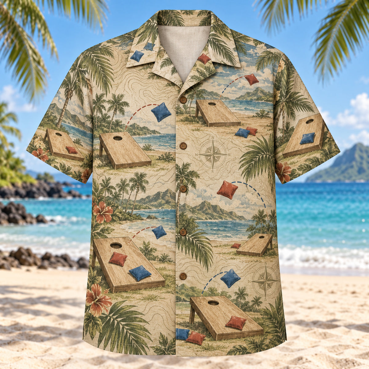 Front view of Contour Map Cornhole Hawaiian Shirt with subtle map-style contour lines and plain wooden cornhole boards with circular holes, colorful fabric bean bags and toss arcs