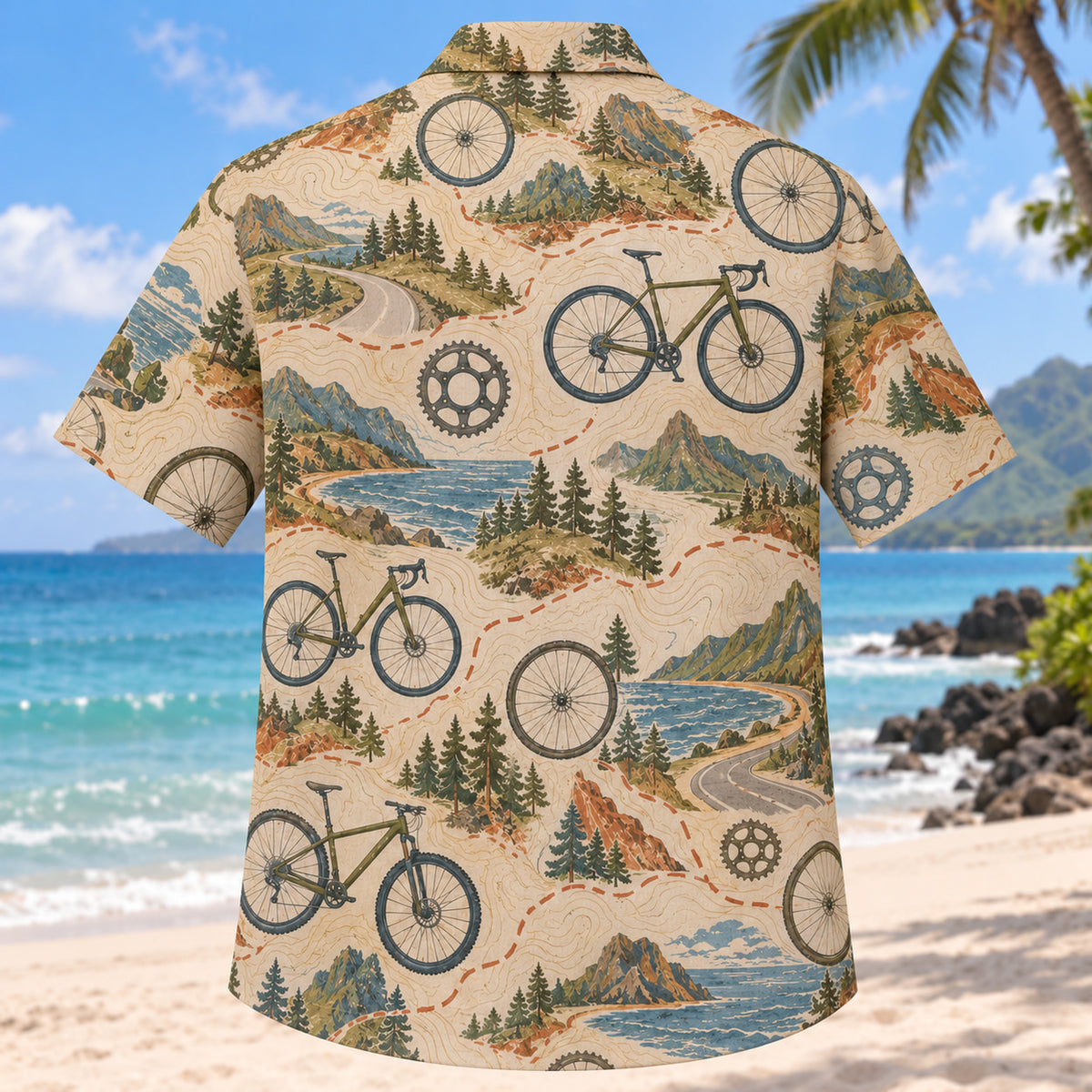 Back view of Contour Map Cycling Hawaiian Shirt with matching cycling artwork in olive, parchment, muted blue, rust