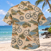 Back view of Contour Map Cycling Hawaiian Shirt with matching cycling artwork in olive, parchment, muted blue, rust