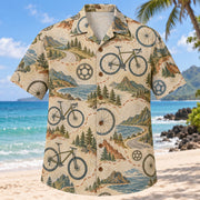 Front view of Contour Map Cycling Hawaiian Shirt with subtle map-style contour lines and generic unbranded bicycles, spinning wheels and simple chainrings