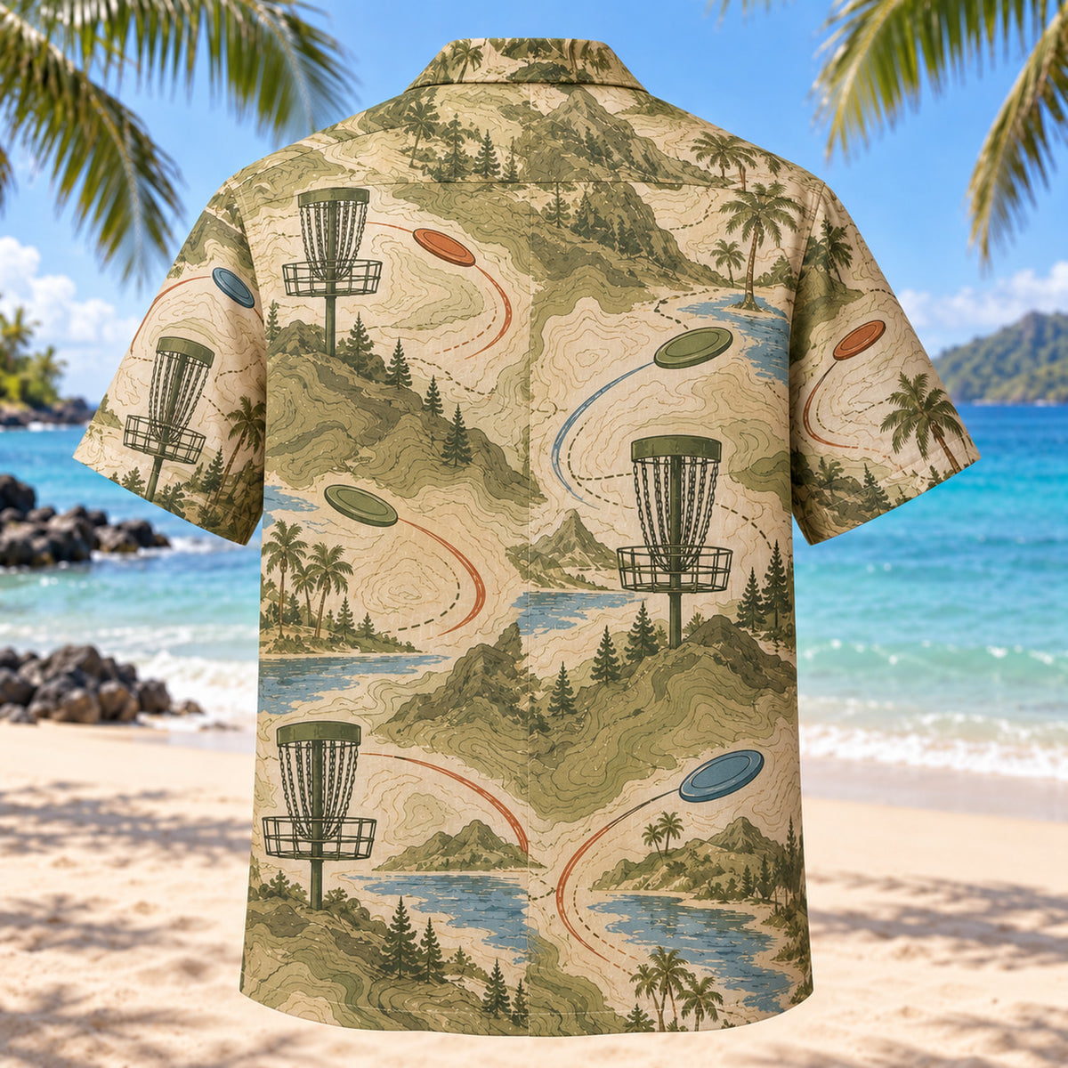 Back view of Contour Map Disc Golf Hawaiian Shirt with matching disc golf artwork in olive, parchment, muted blue, rust