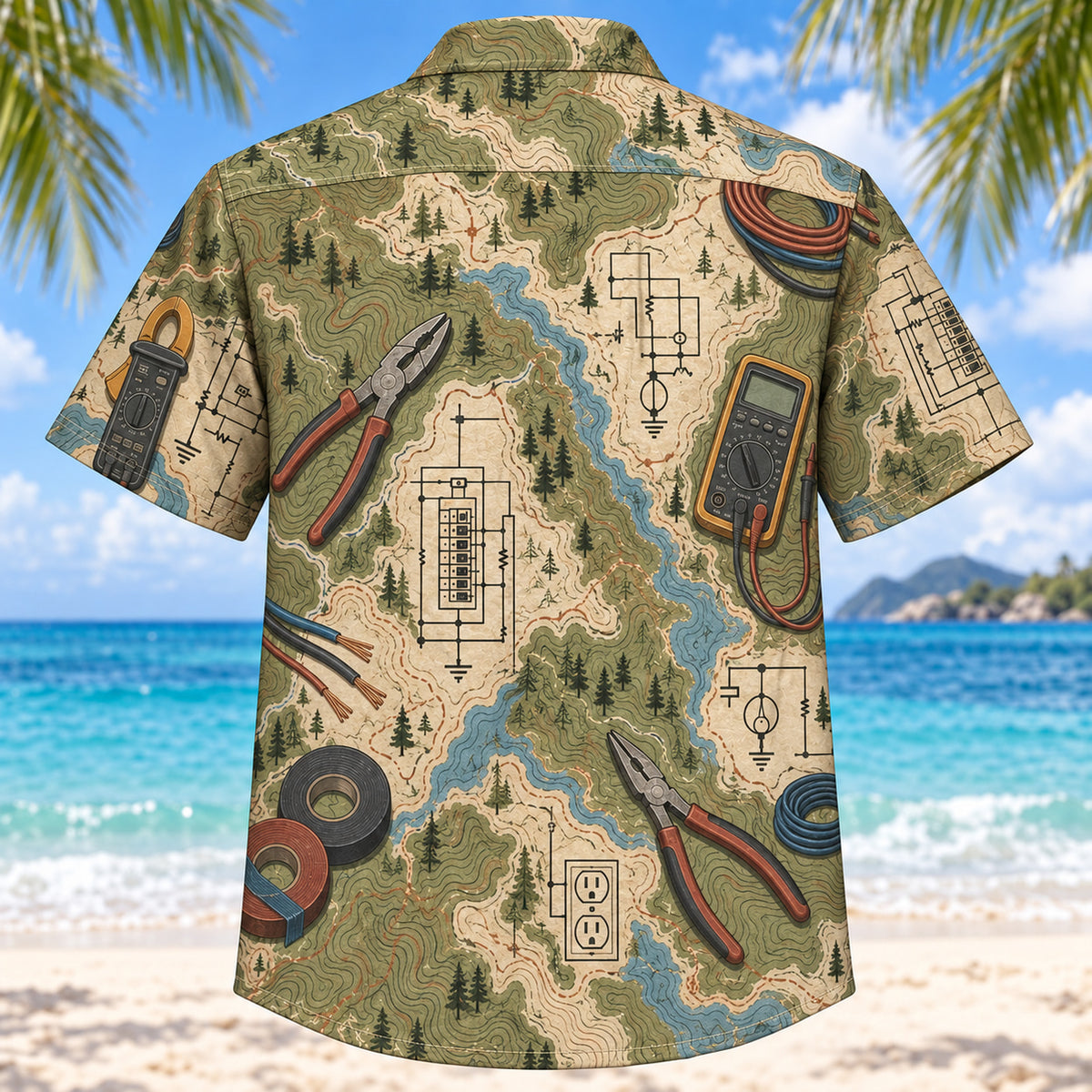 Back view of Contour Map Electrician Hawaiian Shirt with matching electrician artwork in olive, parchment, muted blue, rust
