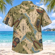 Back view of Contour Map Electrician Hawaiian Shirt with matching electrician artwork in olive, parchment, muted blue, rust