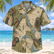 Front view of Contour Map Electrician Hawaiian Shirt with subtle map-style contour lines and accurate pliers, wire, multimeters and original electrical diagrams