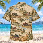 Back view of Contour Map Farmer and Tractor Hawaiian Shirt with matching farmer and tractor artwork in olive, parchment, muted blue, rust