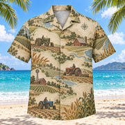 Front view of Contour Map Farmer and Tractor Hawaiian Shirt with subtle map-style contour lines and generic tractors, fields, wheat, barns and crops