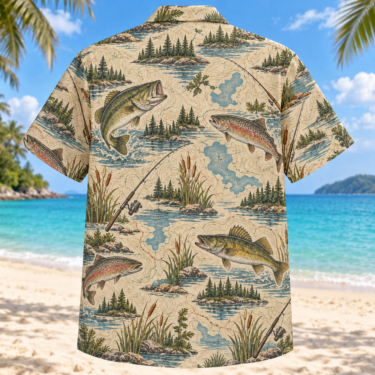 Back view of Contour Map Freshwater Fishing Hawaiian Shirt with matching freshwater fishing artwork in olive, parchment, muted blue, rust