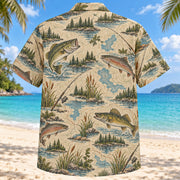 Back view of Contour Map Freshwater Fishing Hawaiian Shirt with matching freshwater fishing artwork in olive, parchment, muted blue, rust