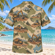 Back view of Contour Map Heavy Equipment Operator Hawaiian Shirt with matching heavy equipment operator artwork in olive, parchment, muted blue, rust