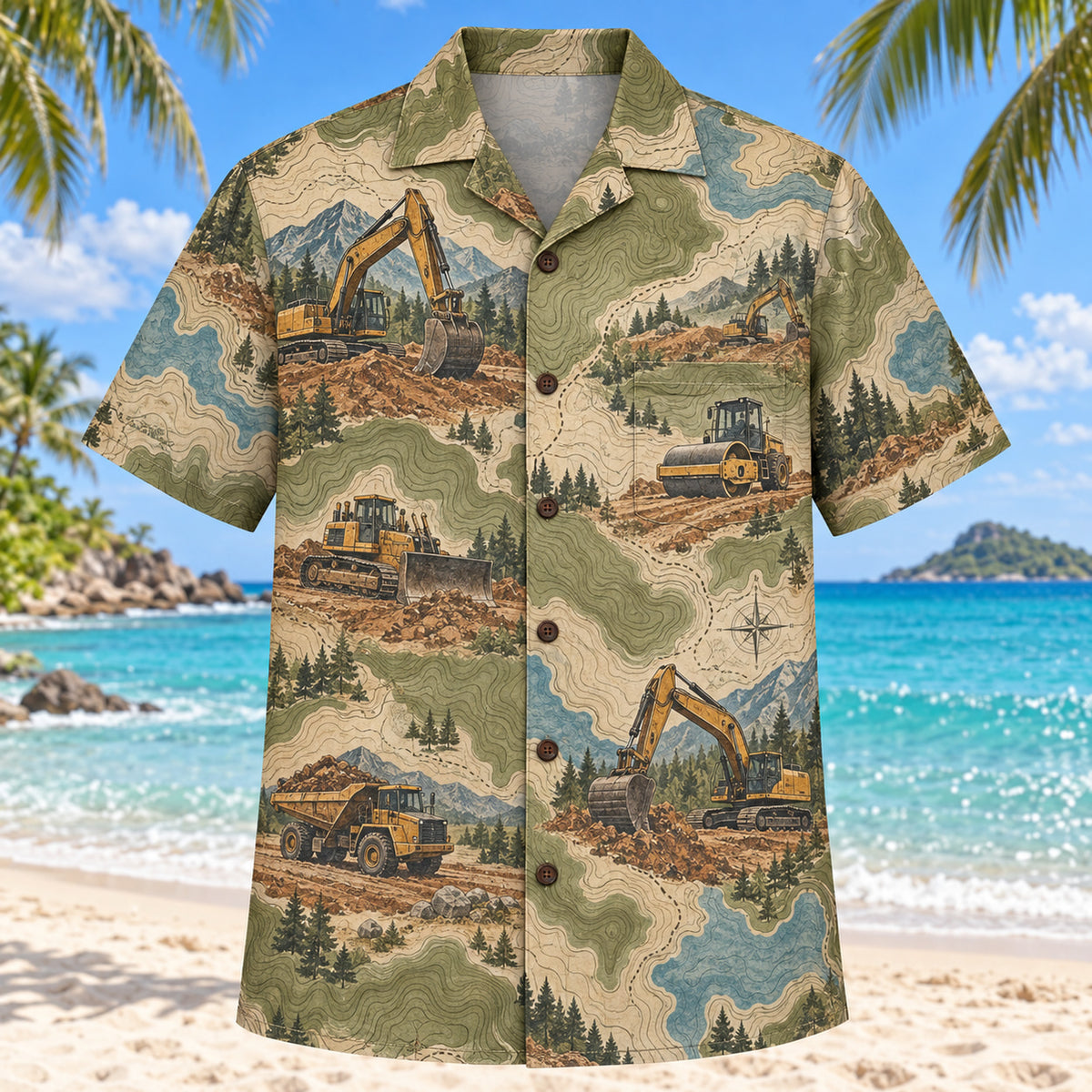 Front view of Contour Map Heavy Equipment Operator Hawaiian Shirt with subtle map-style contour lines and generic excavators, rollers, buckets and original construction scenes