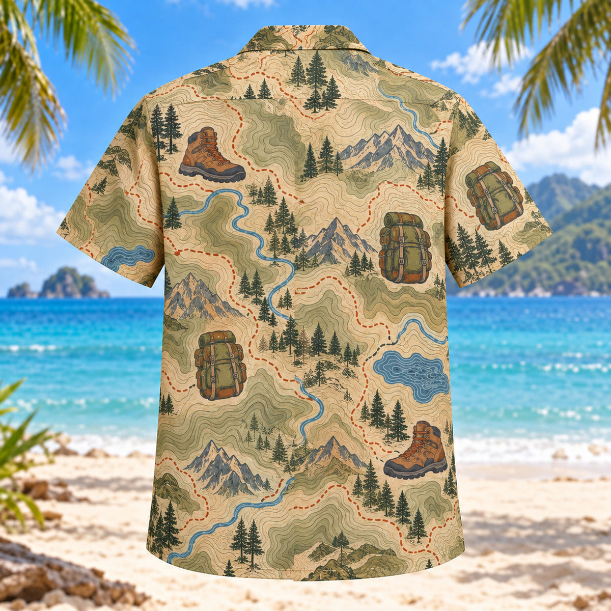 Back view of Contour Map Hiking and Backpacking Hawaiian Shirt with matching hiking and backpacking artwork in olive, parchment, muted blue, rust