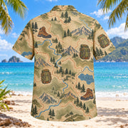 Back view of Contour Map Hiking and Backpacking Hawaiian Shirt with matching hiking and backpacking artwork in olive, parchment, muted blue, rust
