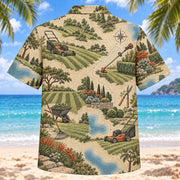 Back view of Contour Map Landscaper Hawaiian Shirt with matching landscaper artwork in olive, parchment, muted blue, rust