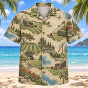 Front view of Contour Map Landscaper Hawaiian Shirt with subtle map-style contour lines and generic lawn mowers, freshly cut turf stripes, trimming tools and original garden scenes