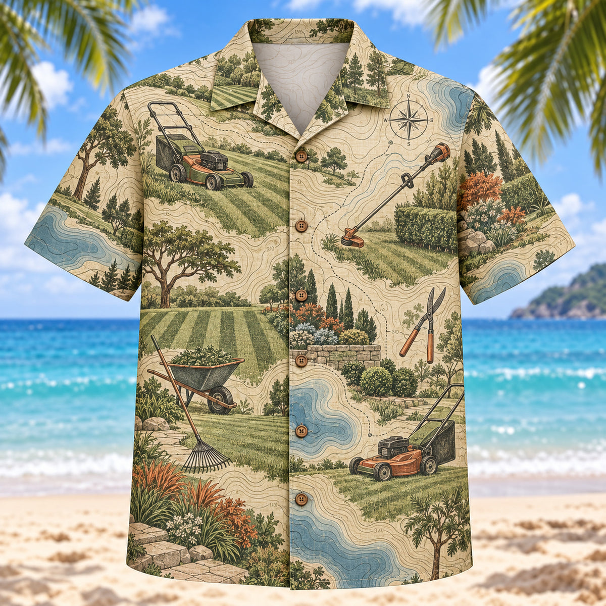 Front view of Contour Map Landscaper Hawaiian Shirt with subtle map-style contour lines and generic lawn mowers, freshly cut turf stripes, trimming tools and original garden scenes