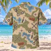 Back view of Contour Map Mechanic Hawaiian Shirt with matching mechanic artwork in olive, parchment, muted blue, rust