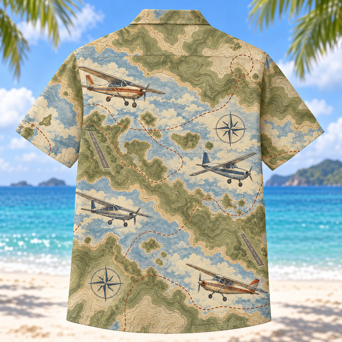 Back view of Contour Map Pilot and Aviation Hawaiian Shirt with matching pilot and aviation artwork in olive, parchment, muted blue, rust