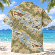Back view of Contour Map Pilot and Aviation Hawaiian Shirt with matching pilot and aviation artwork in olive, parchment, muted blue, rust