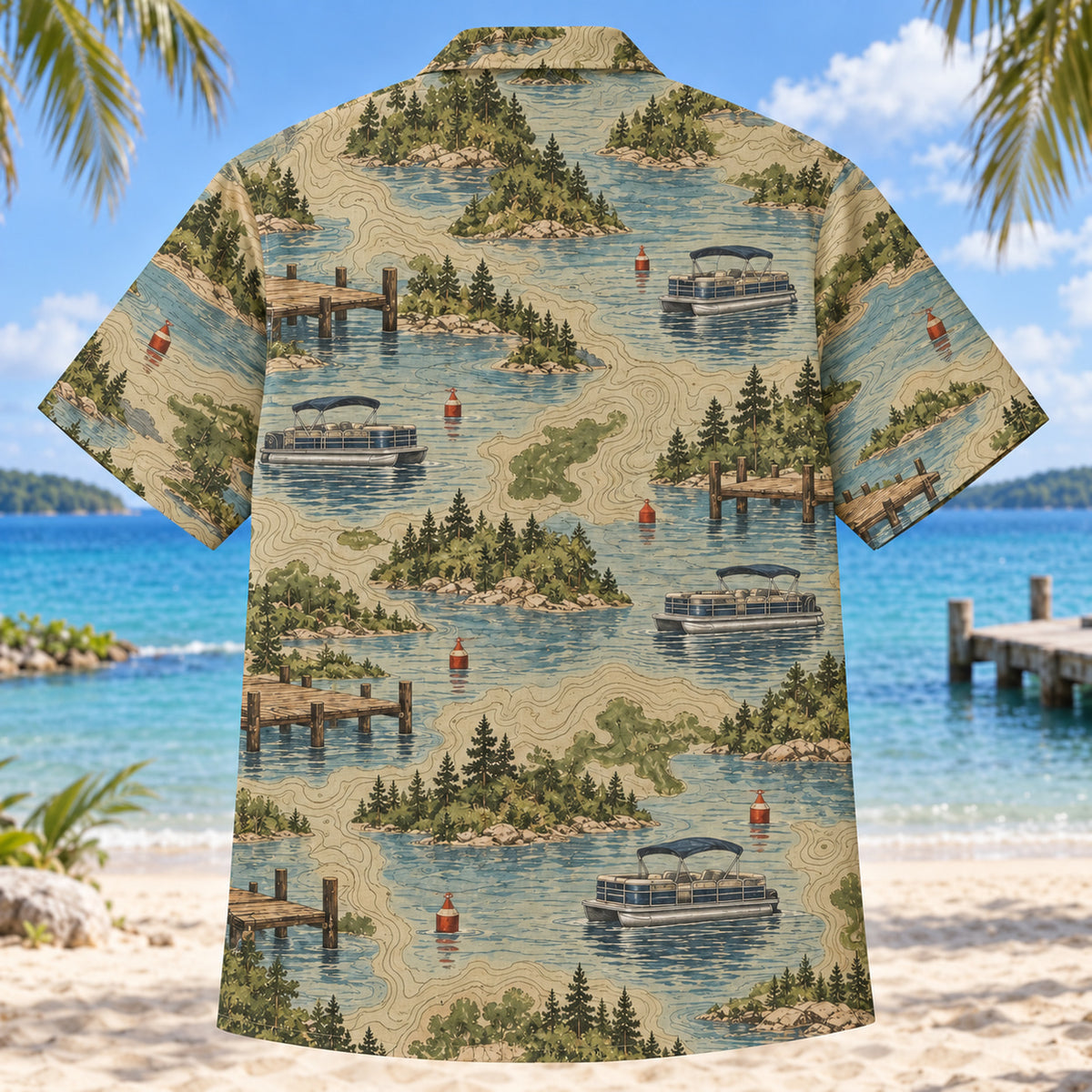 Back view of Contour Map Pontoon Boating Hawaiian Shirt with matching pontoon boating artwork in olive, parchment, muted blue, rust